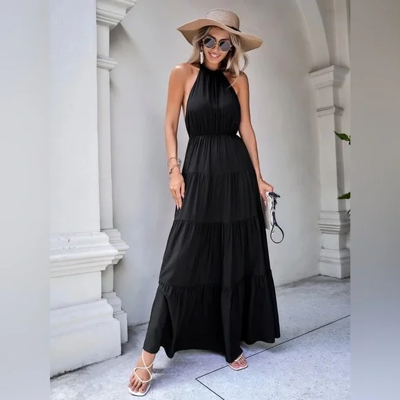 Solid Tie Backless Ruffle Hem Halter Dress - Picture 3 of 13